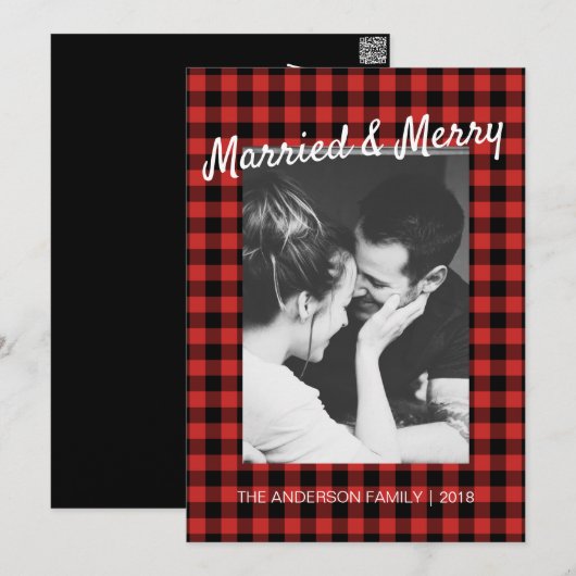 Zwart Rood Gingham Getrouwd Blij Bedankt Foto Feestdagenkaart (Voorkant / Achterkant)