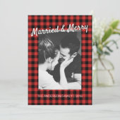 Zwart Rood Gingham Getrouwd Blij Bedankt Foto Feestdagenkaart (Staand voorkant)