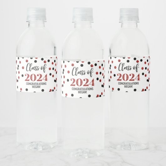 Zwart Rood Glitter Confetti Afstuderen Waterfles Etiket (Flessen)