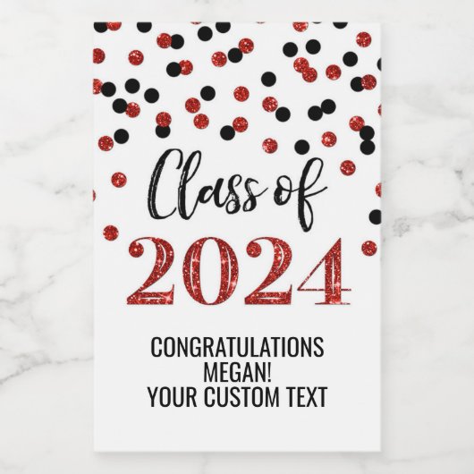 Zwart Rood Glitter Confetti Afstuderen Wijn Etiket (Enkel label)