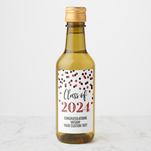 Zwart Rood Glitter Confetti Afstuderen Wijn Etiket (Voorkant)