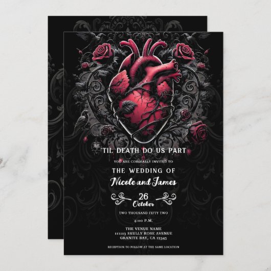 Zwart & Rood Gothic Love Heart Wedding Kaart (Voorkant / Achterkant)