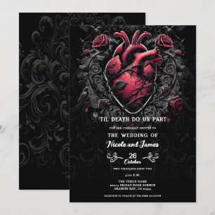 Zwart & Rood Gothic Love Heart Wedding Kaart