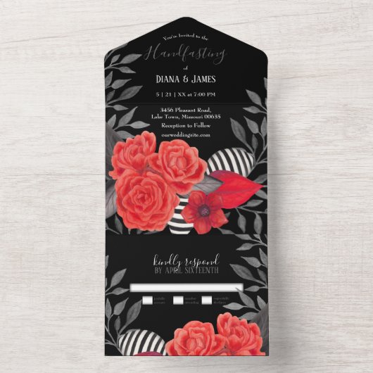 Zwart Rood Gotische Bloemen Handvasten Alles In Ee All In One Uitnodiging (Binnen)