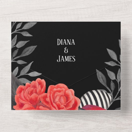 Zwart Rood Gotische Bloemen Handvasten Alles In Ee All In One Uitnodiging (Achterkant)