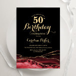 Zwart Rood Goud Agaat 50e Verjaardag Kaart<br><div class="desc">Zwarte,  rode en gouden agaat 50e verjaardag uitnodiging. Elegant modern design met waterverf agaat marmeren geode achtergrond,  faux glitter goud en typografie script lettertype. Trendy uitnodigingskaart perfect voor een stijlvol vrouwenfeest. Gedrukte Zazzle-uitnodigingen of direct downloadbare digitale afdrukbare sjabloon.</div>