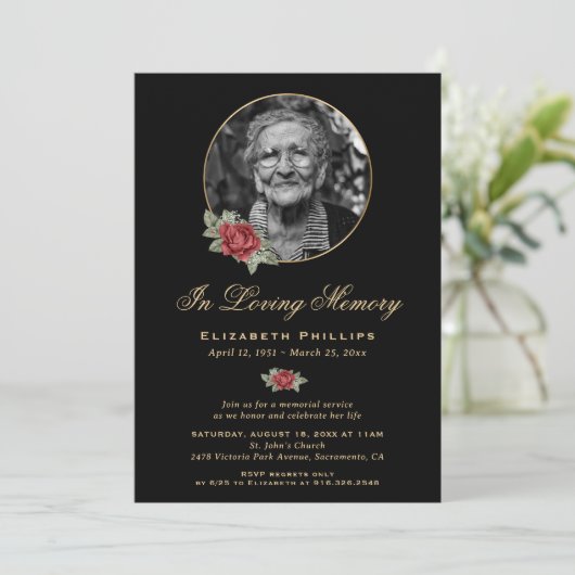 Zwart Rood Goud Bloemen Foto Memorial Service Kaart (Staand voorkant)