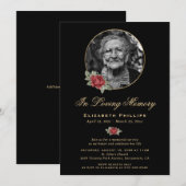 Zwart Rood Goud Bloemen Foto Memorial Service Kaart (Voorkant / Achterkant)