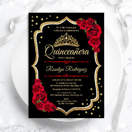 Zwart Rood Goud Elegant Quinceanera Kaart