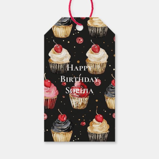 Zwart Rood Goud Glam Cupcakes Verjaardag Cadeaulabel (Voorkant)