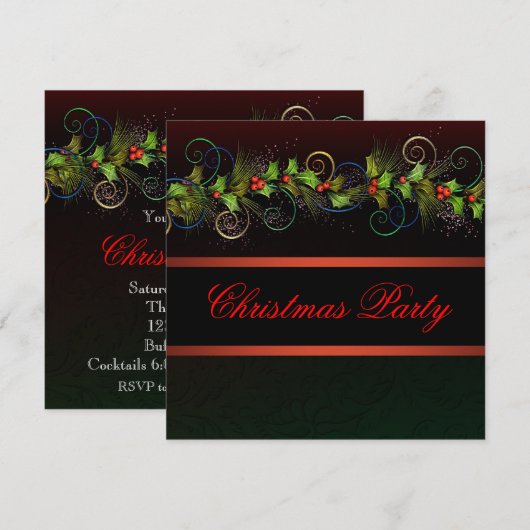 Zwart Rood Goud Holly Kerstfeest Kaart (Voorkant / Achterkant)