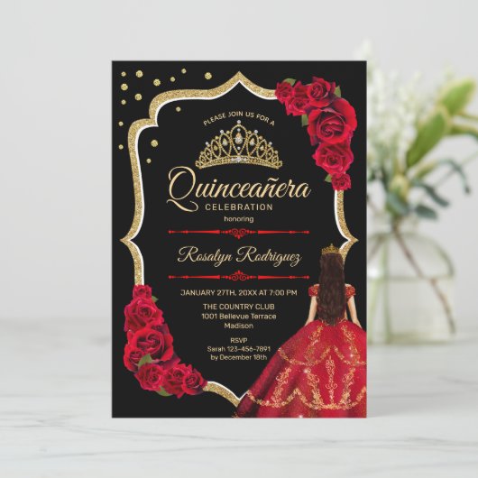 Zwart Rood Goud Jurk Quinceanera Kaart (Staand voorkant)