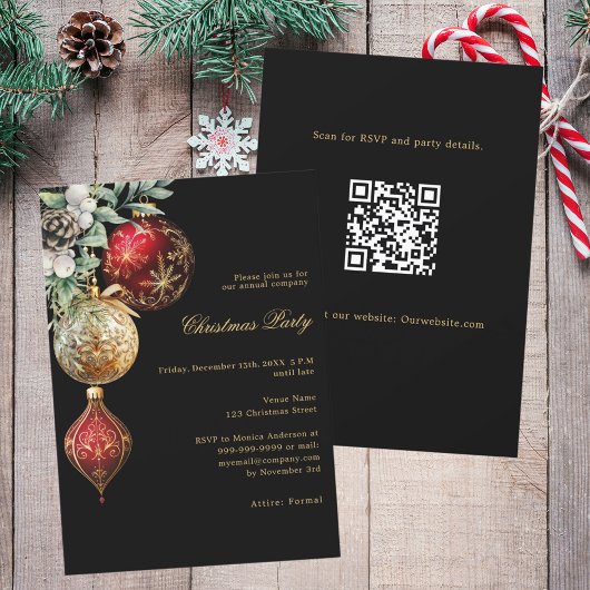 Zwart rood goud kerstballen business QR kerstfeest Kaart