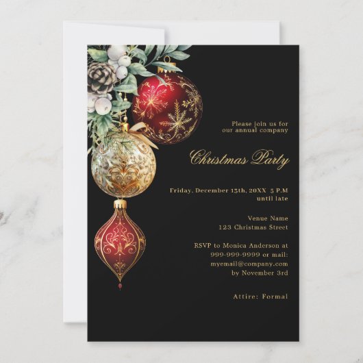 Zwart rood goud kerstballen business QR kerstfeest Kaart (Voorkant)