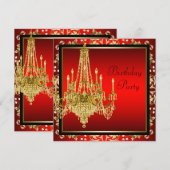Zwart Rood Goud Kroonluchter Verjaardagsfeest Kaart (Voorkant / Achterkant)