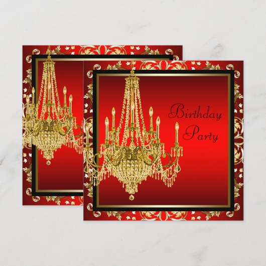 Zwart Rood Goud Kroonluchter Verjaardagsfeest Kaart (Voorkant / Achterkant)