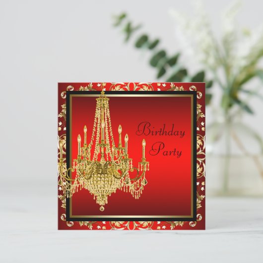Zwart Rood Goud Kroonluchter Verjaardagsfeest Kaart (Staand voorkant)