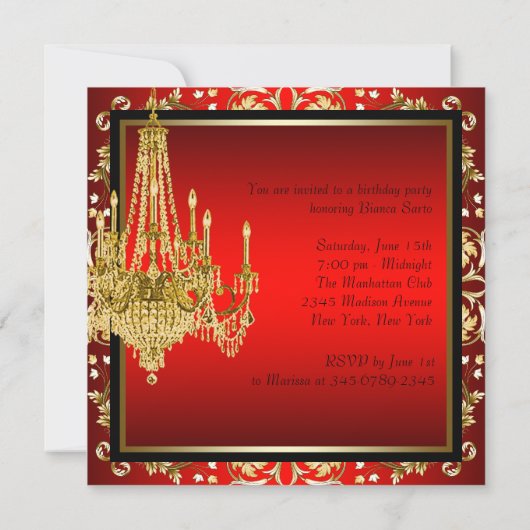 Zwart Rood Goud Kroonluchter Verjaardagsfeest Kaart (Achterkant)