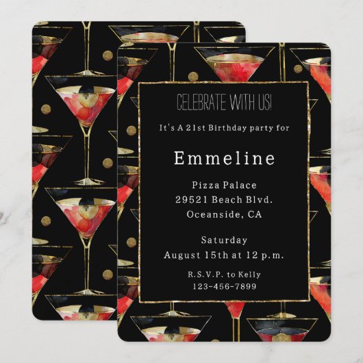 Zwart Rood Goud Martini Verjaardag Kaart (Voorkant / Achterkant)