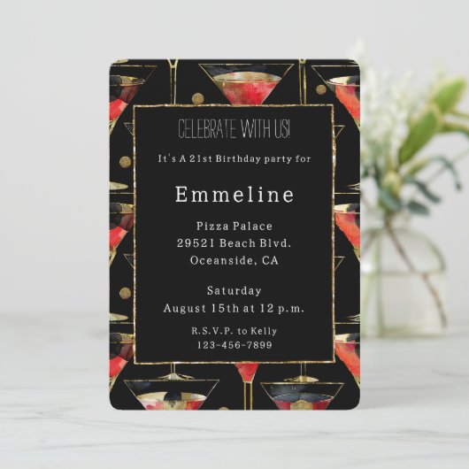 Zwart Rood Goud Martini Verjaardag Kaart (Staand voorkant)