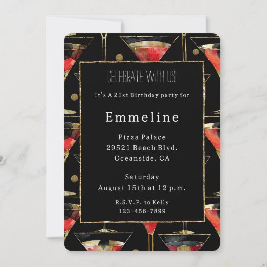 Zwart Rood Goud Martini Verjaardag Kaart (Voorkant)