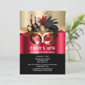 Zwart rood goud maskerade verjaardag gezichtsmaske kaart (Staand voorkant)