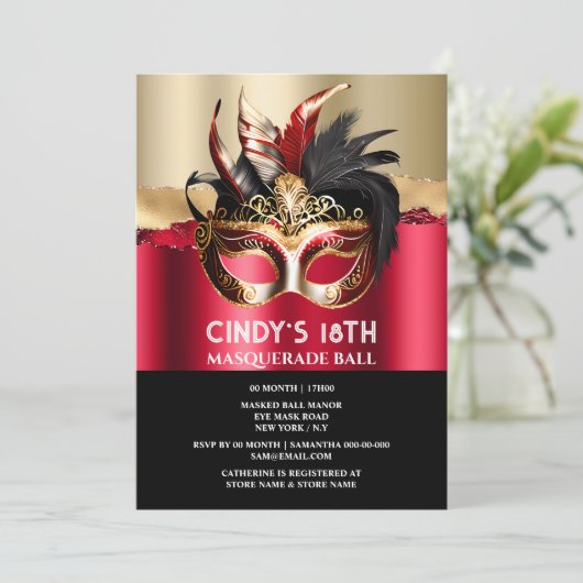 Zwart rood goud maskerade verjaardag gezichtsmaske kaart (Staand voorkant)