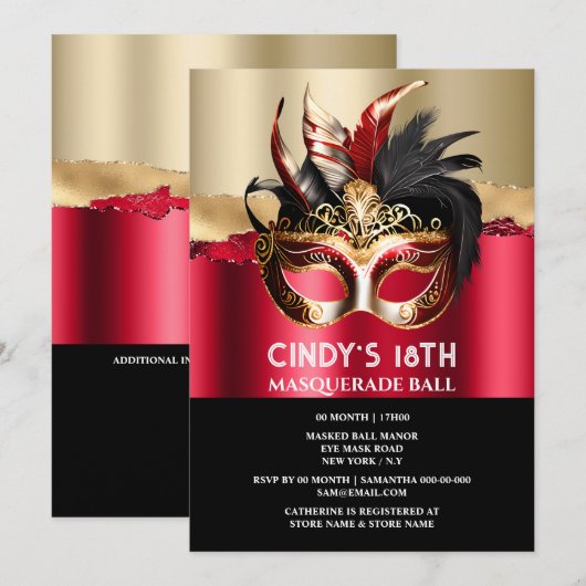 Zwart rood goud maskerade verjaardag gezichtsmaske kaart (Voorkant / Achterkant)