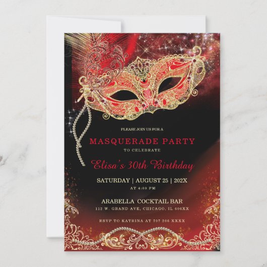 Zwart Rood Goud Masquerade uitnodiging (Voorkant)