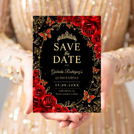 Zwart Rood Goud Quinceanera Bloem Save The Date