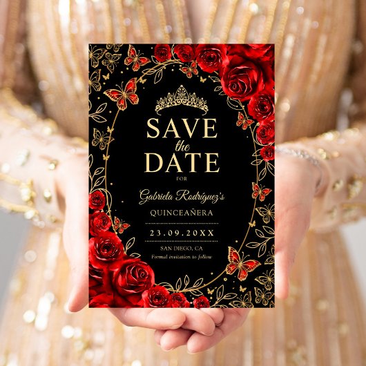 Zwart Rood Goud Quinceanera Bloem Save The Date