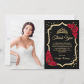 Zwart Rood Goud Quinceanera Foto Bedankkaart (Voorkant)