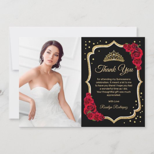 Zwart Rood Goud Quinceanera Foto Bedankkaart (Voorkant)