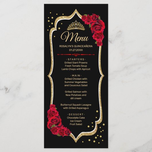 Zwart Rood Goud Quinceanera Menu (Voorkant)
