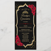 Zwart Rood Goud Quinceanera Programmakaart (Voorkant)