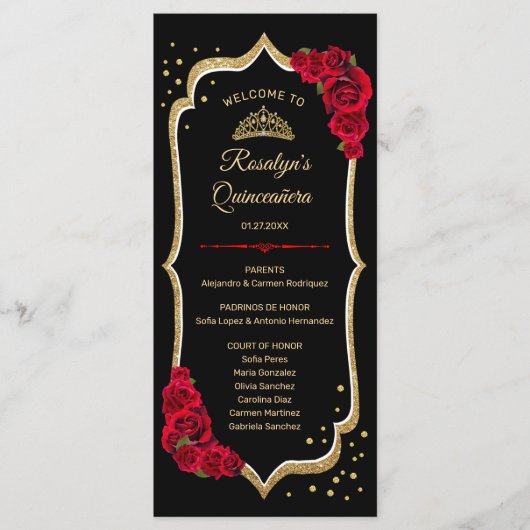 Zwart Rood Goud Quinceanera Programmakaart (Voorkant)
