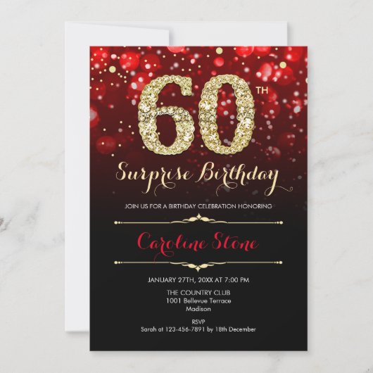 Zwart Rood Goud Verrassing 60e Verjaardag Kaart (Voorkant)
