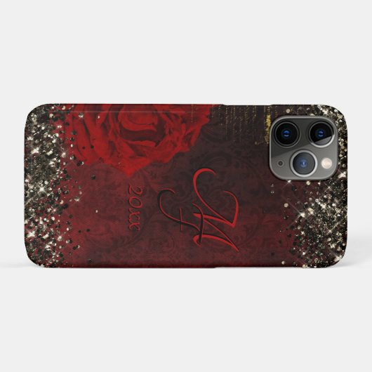 Zwart rood goudbloemmonogram Case-Mate iPhone case (Achterkant (horizontaal))