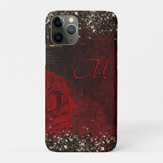 Zwart rood goudbloemmonogram Case-Mate iPhone case (Achterkant)