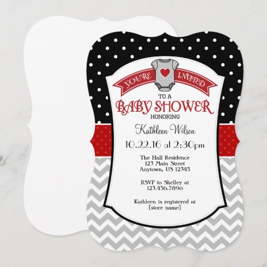 Zwart Rood Grijs Polkadot Chevron Baby shower Uitn Kaart (Voorkant / Achterkant)
