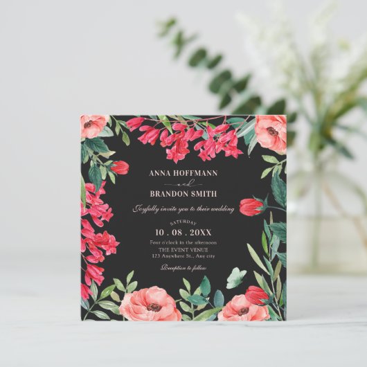 Zwart Rood groene bloemenkrans bruiloft Kaart (Staand voorkant)