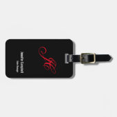 Zwart Rood Handschrift Monogram Naam Minimalist Bagagelabel (Voorkant horizontaal)