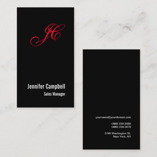 Zwart Rood Handschrift Monogram Naam Minimalist Visitekaartje (Voorkant / Achterkant)