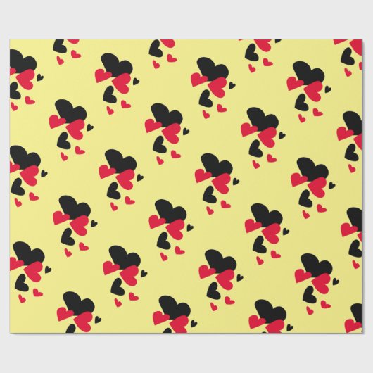 Zwart-rood harten Geel Cadeaupapier (Vlak)