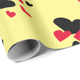 Zwart-rood harten Geel Cadeaupapier