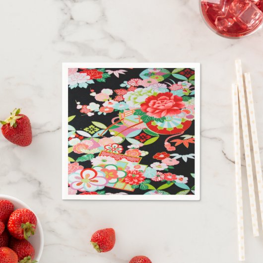 Zwart Rood Japans Kimono Bloemen Decoupage Papier Servet (Insitu)