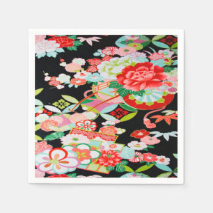 Zwart Rood Japans Kimono Bloemen Decoupage Papier Servet