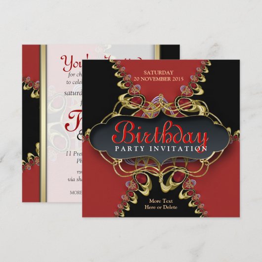 Zwart Rood Kant Exotische Verjaardagsfeestuitnodig Kaart (Voorkant / Achterkant)