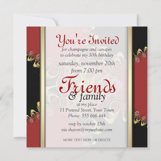 Zwart Rood Kant Exotische Verjaardagsfeestuitnodig Kaart (Achterkant)