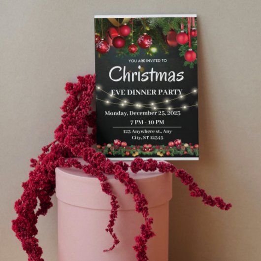 Zwart Rood kerstavond etentje uitnodiging